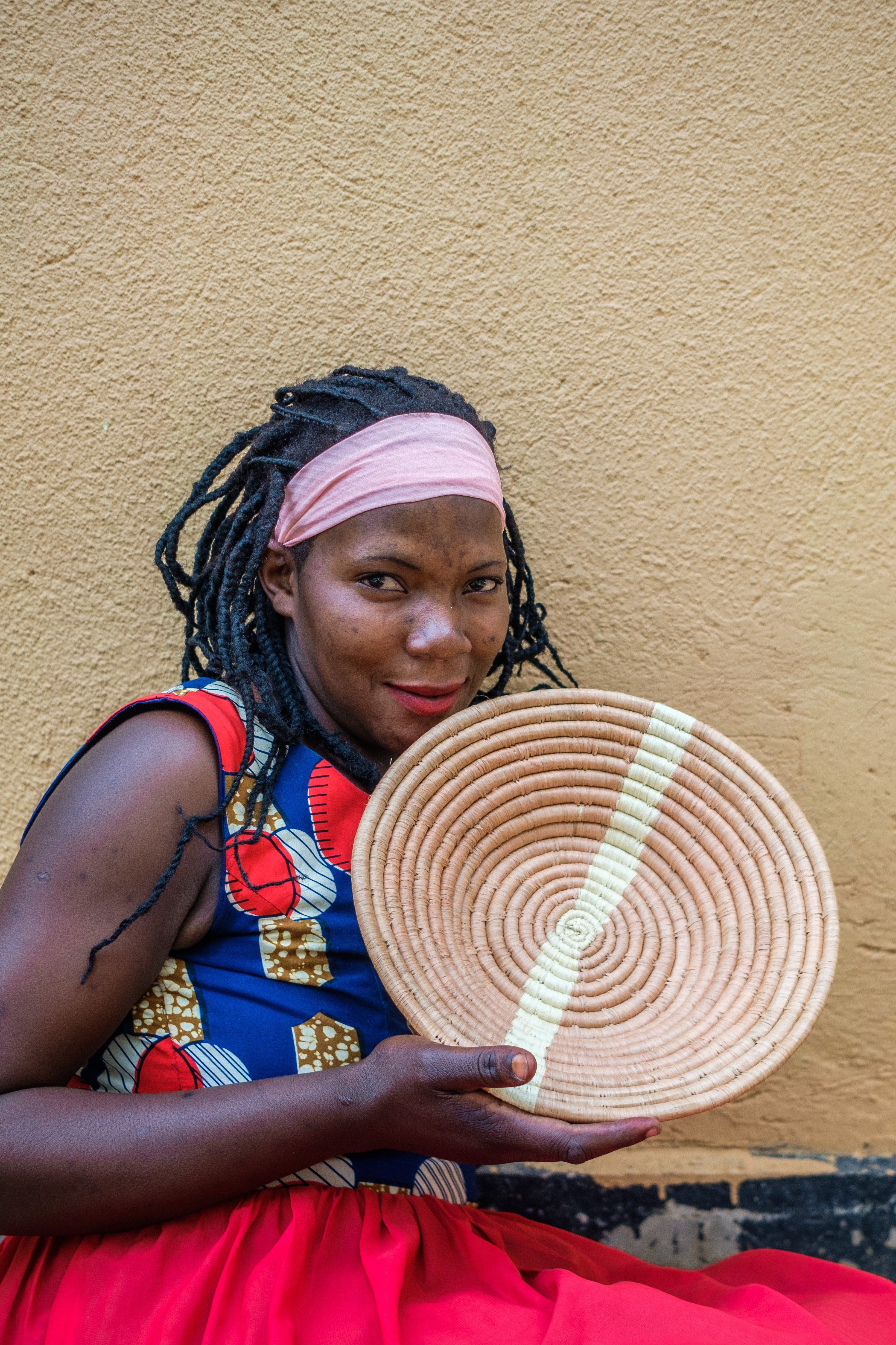 Large Tan Striped Round Basket