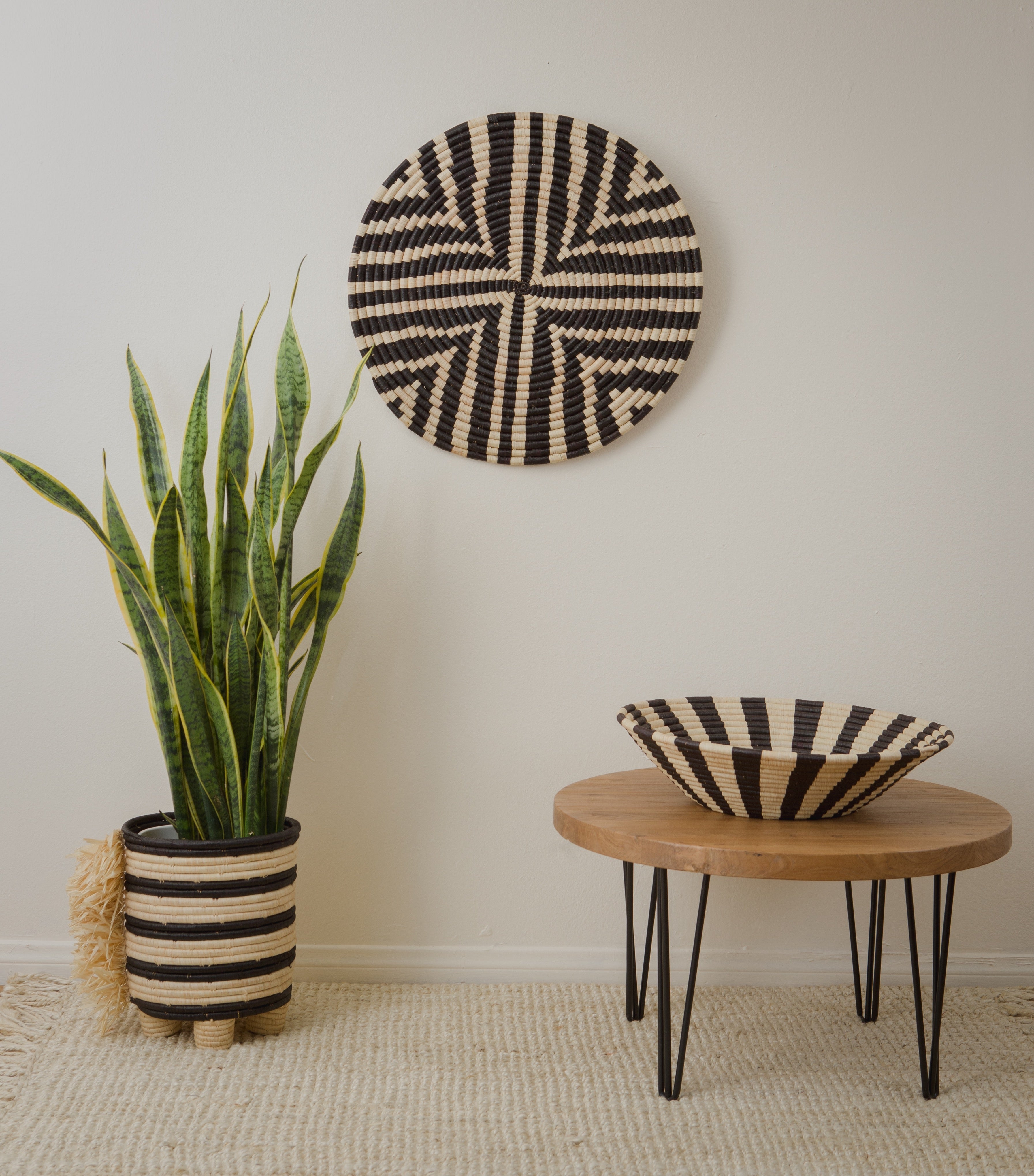 Black Striped Fringed Raffia Planter