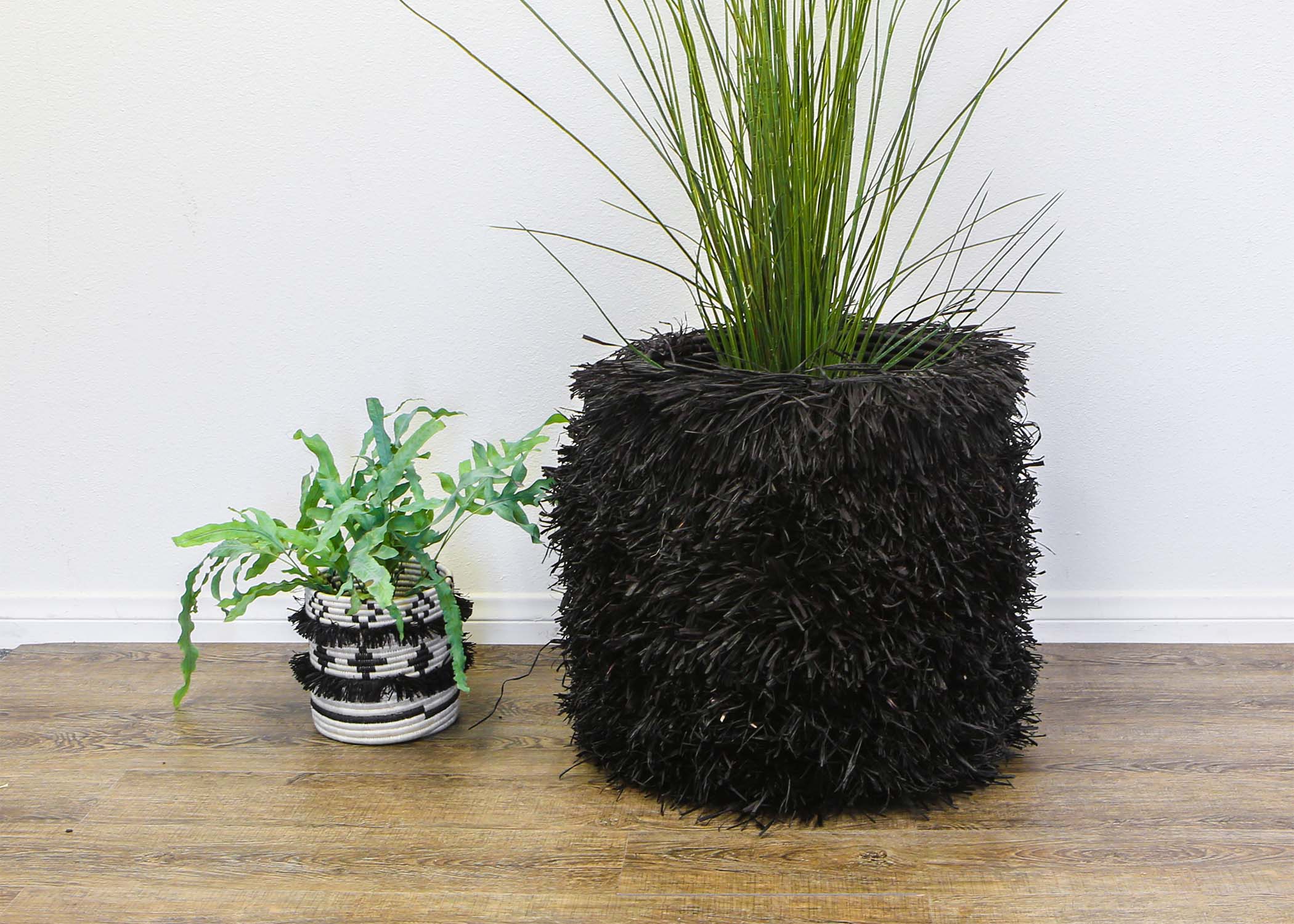 Black Raffia Fringed Black Planter / Side Table