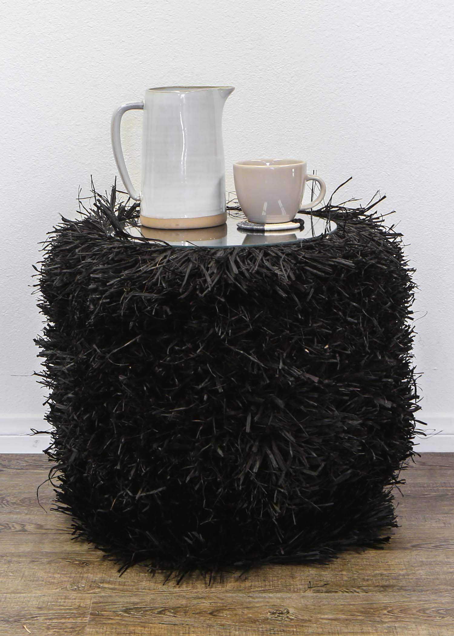 Black Raffia Fringed Black Planter / Side Table