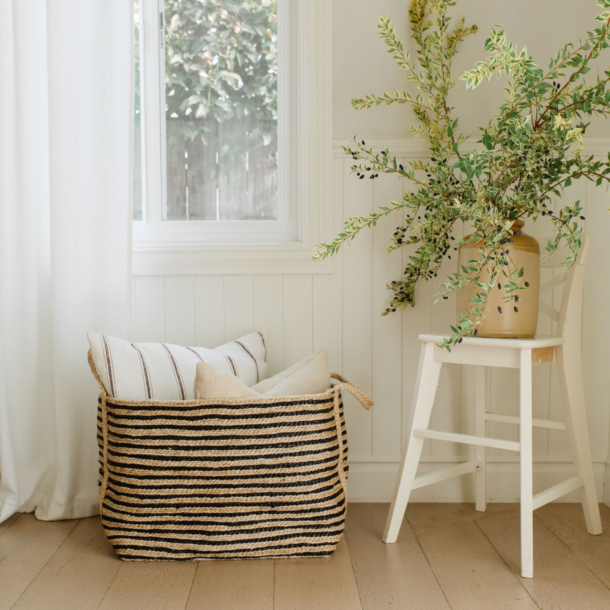 Large Jute Basket - Charcoal Stripe