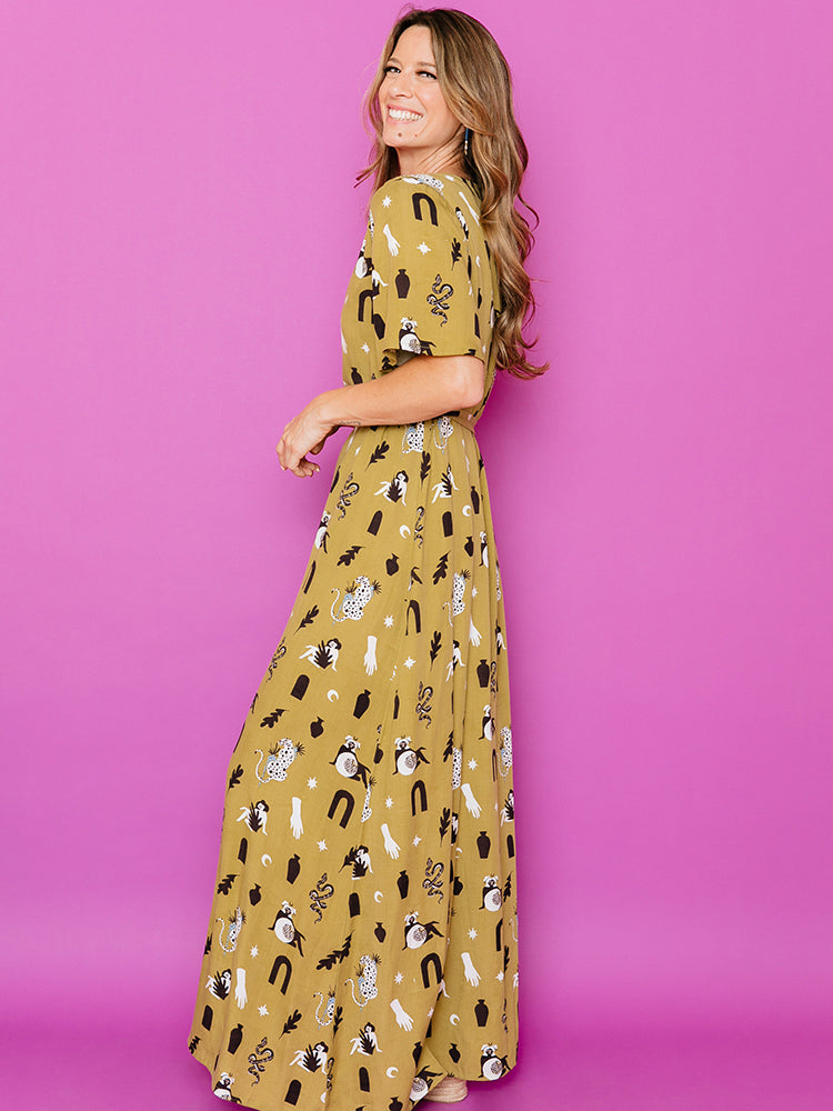 Brea Olive Curios Wrap Dress