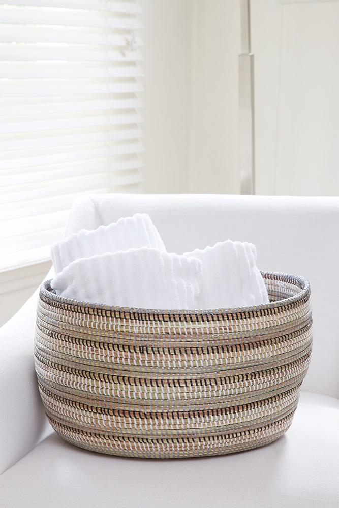 Black, Silver and White Striped Knitting Basket