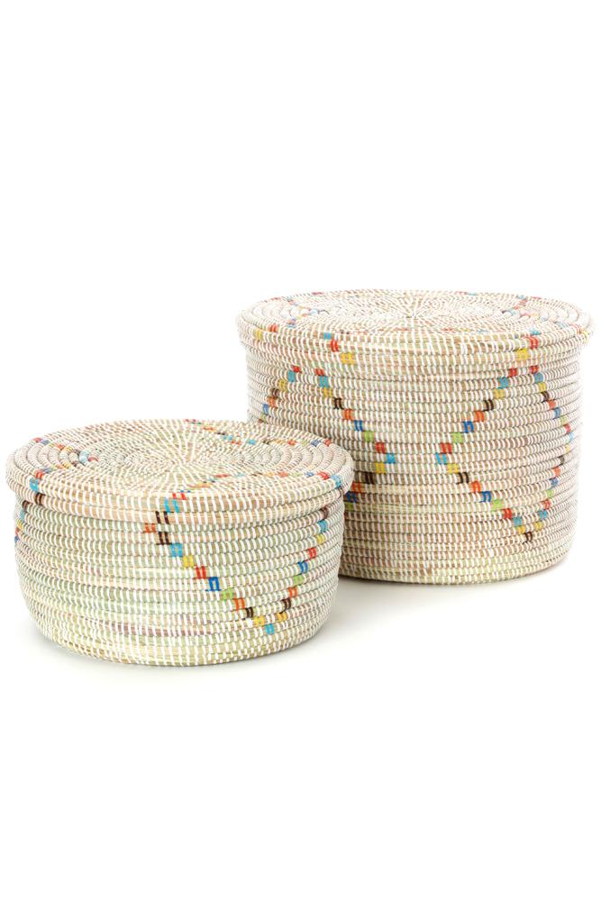 Swahili African Modern Set of Two Rainbow Garland Lidded White Storage Baskets Swahili African Modern