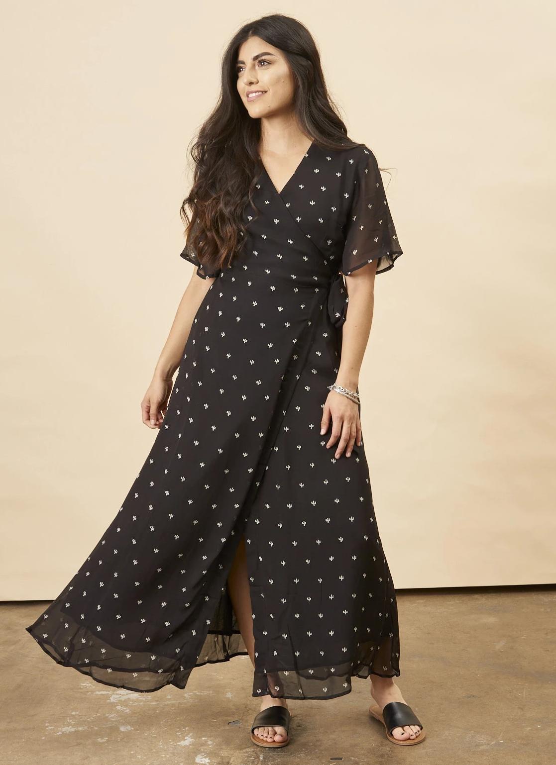 Baby Cacti Butterfly Sleeve Maxi Dress - Black + Cream