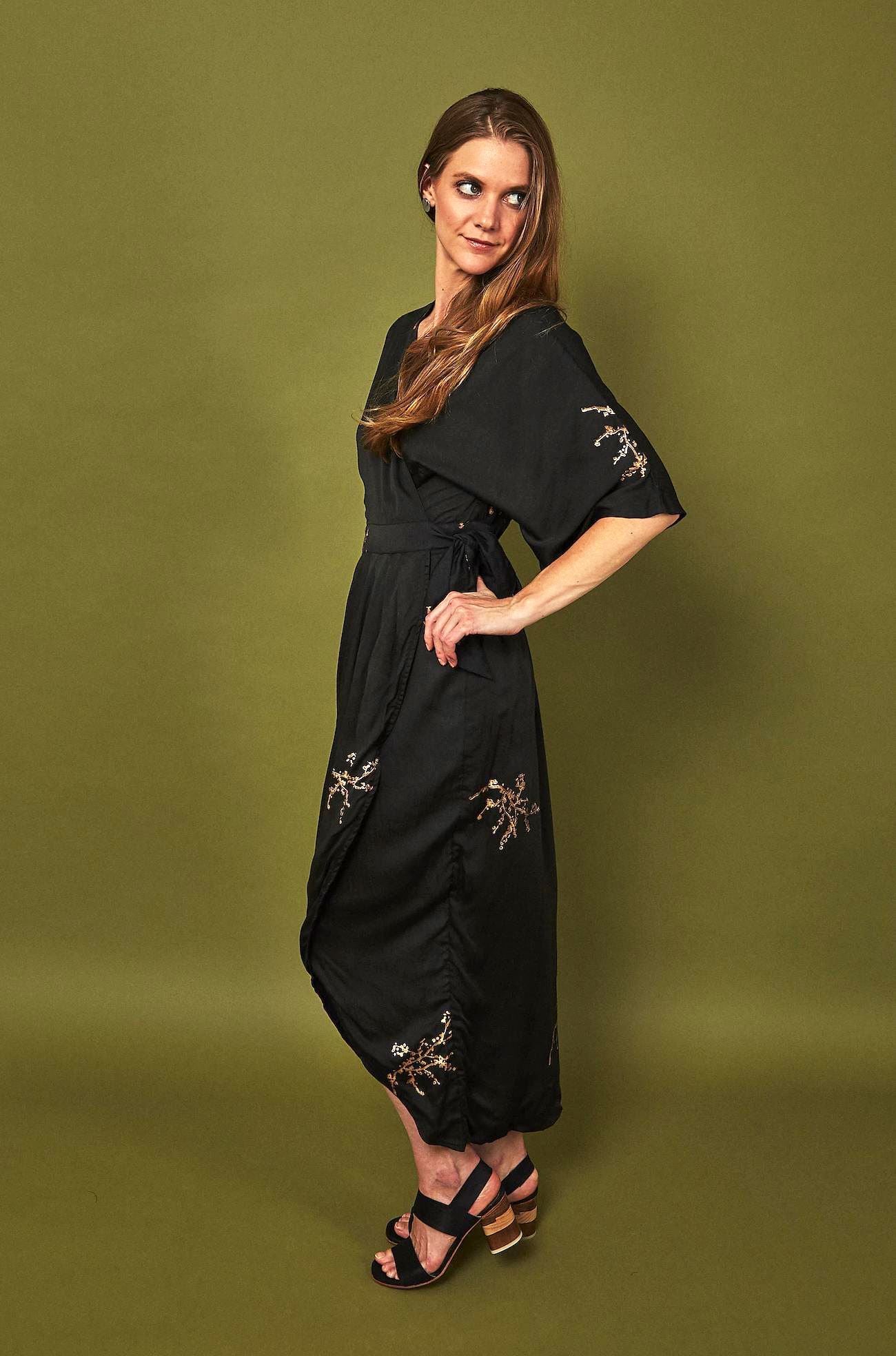 Cherry Blossom Modal Maxi Wrap - Black + Gold