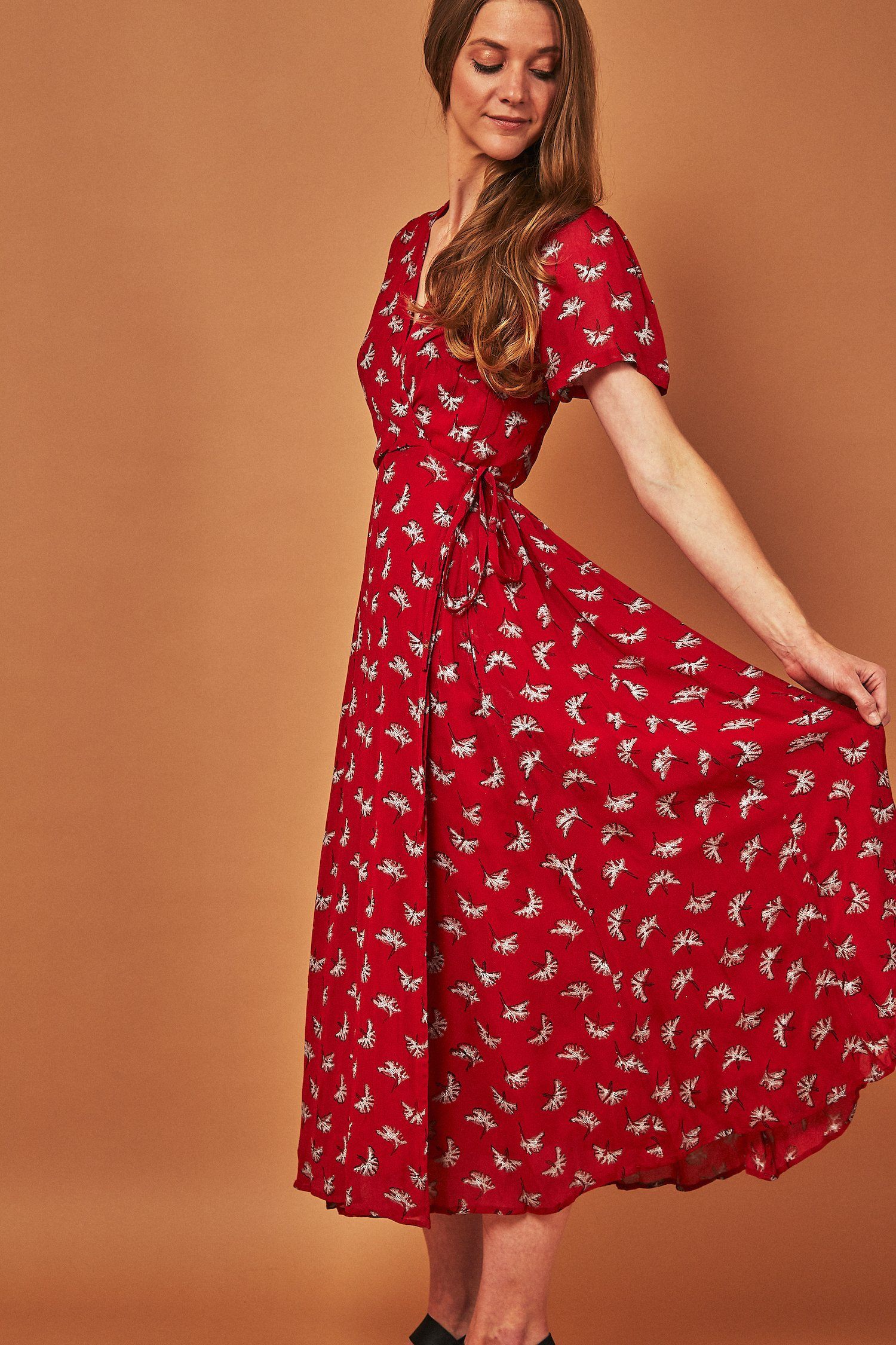 Ginkgo Leaf Midi Wrap Dress - Red + Silver