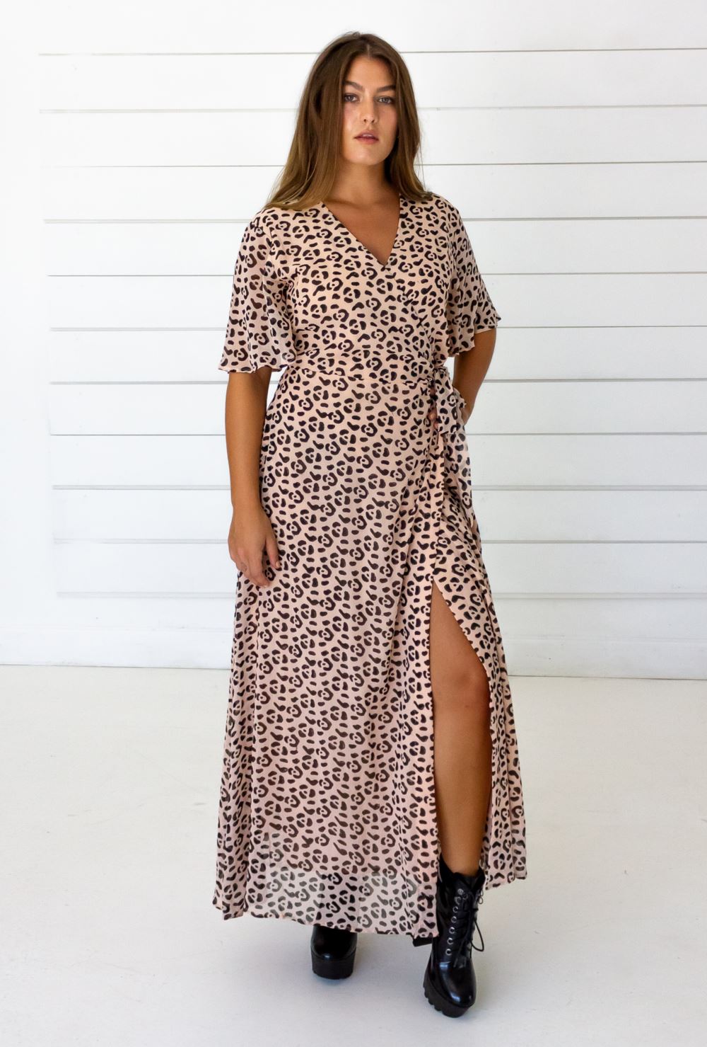 Leopard Maxi Wrap Dress - Blush + Black