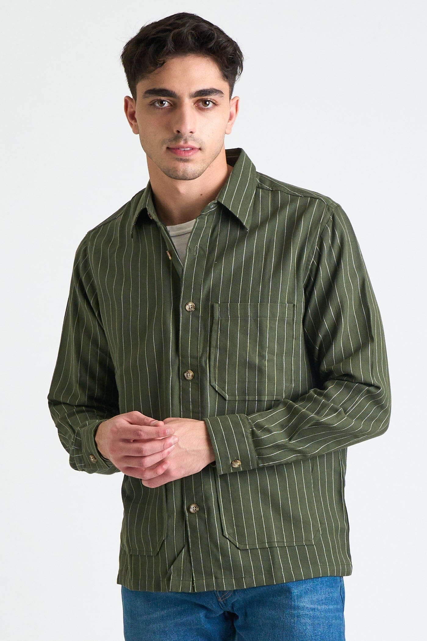 Men's Xavier Overshirt Jacket - Dark Green Pinstripes