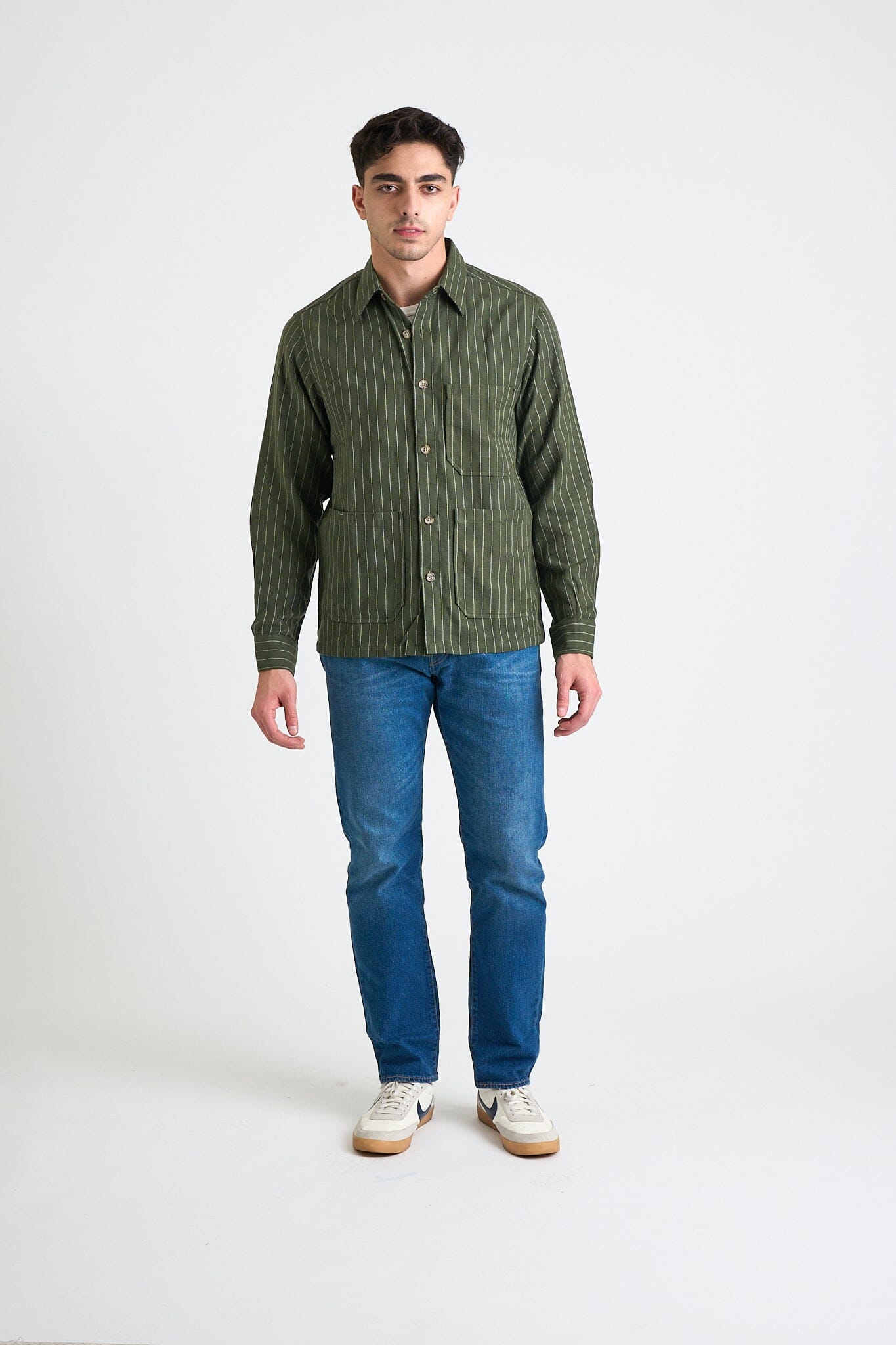 Men's Xavier Overshirt Jacket - Dark Green Pinstripes