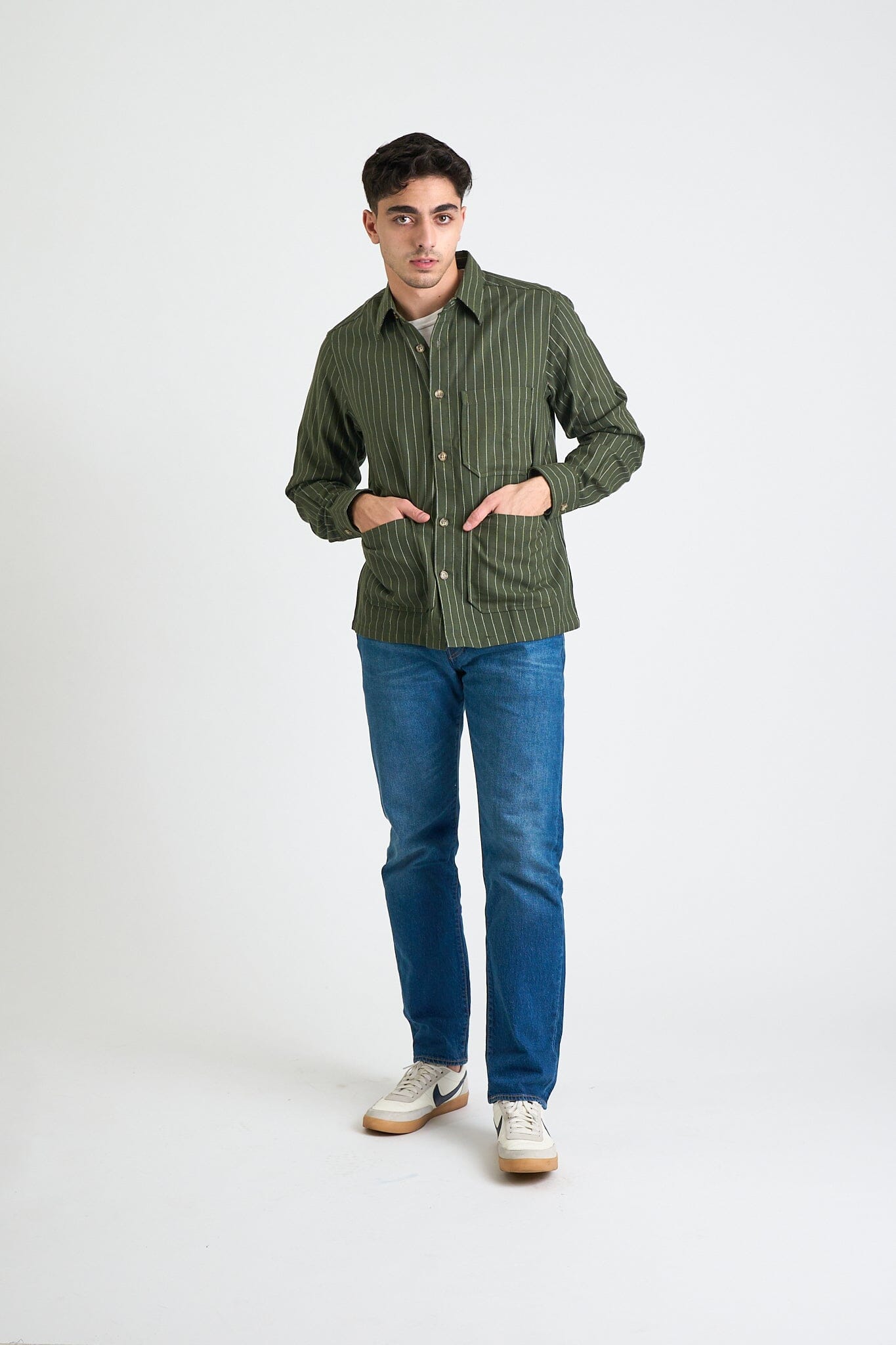 Men's Xavier Overshirt Jacket - Dark Green Pinstripes