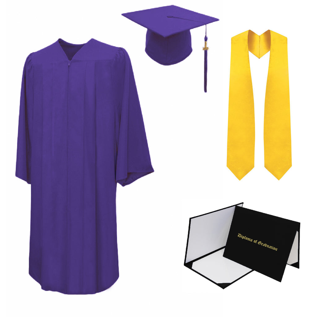 Matte Cap, Gown, Tassel, Stole, Diploma Cover Package | Grad Gown