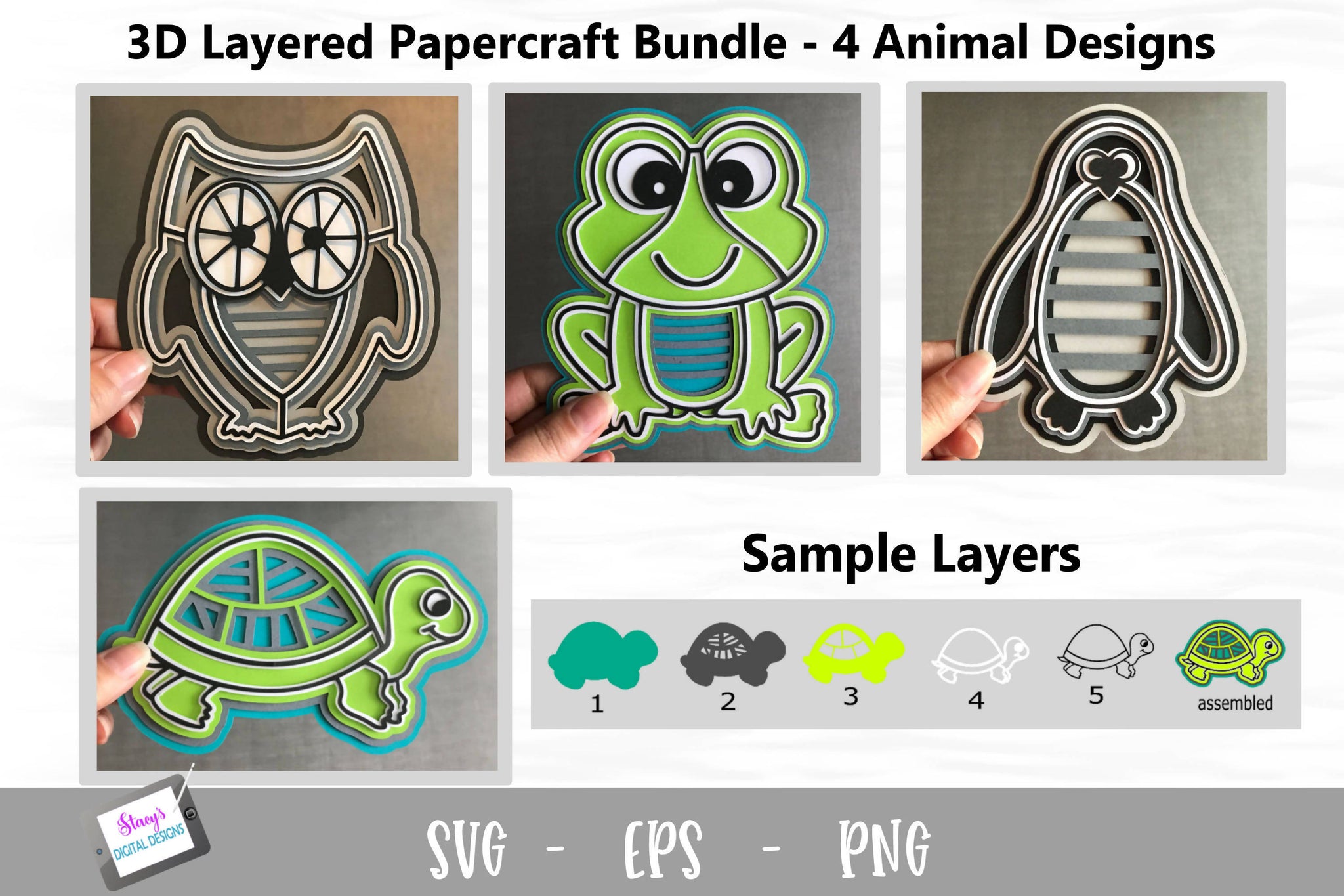 Download 3d Layered Animal Bundle Turtle Owl Frog Penguin Svg Svg Font Market SVG, PNG, EPS, DXF File