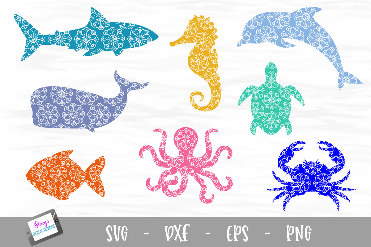 Download Sea Animal Bundle - 8 SVGs with floral mandala pattern ...