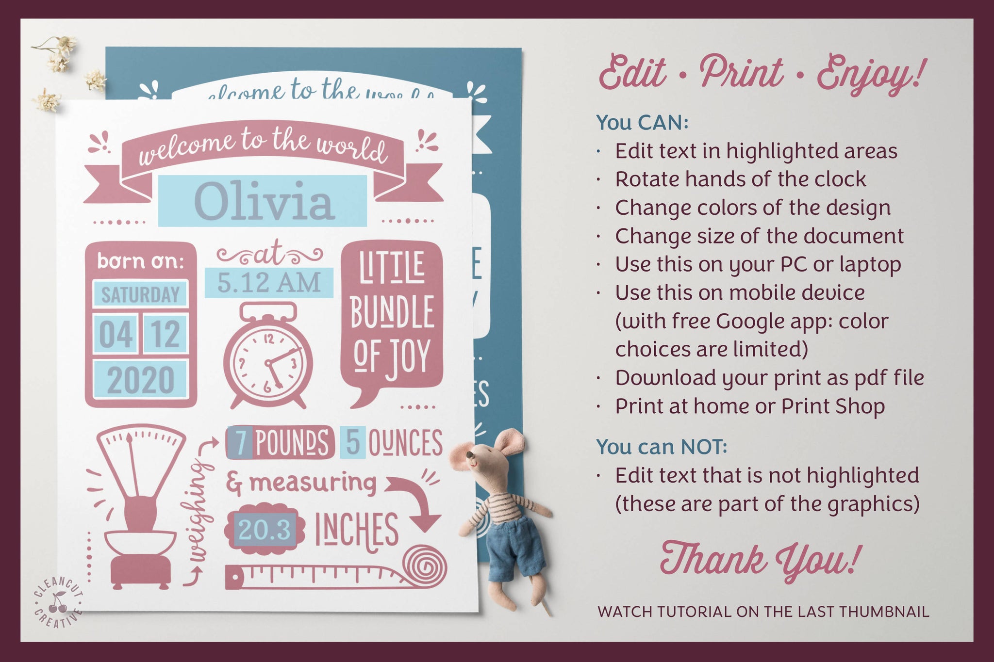 Download Printable Birth Announcement Template Google Edit Baby Stats Print Svg Font Market