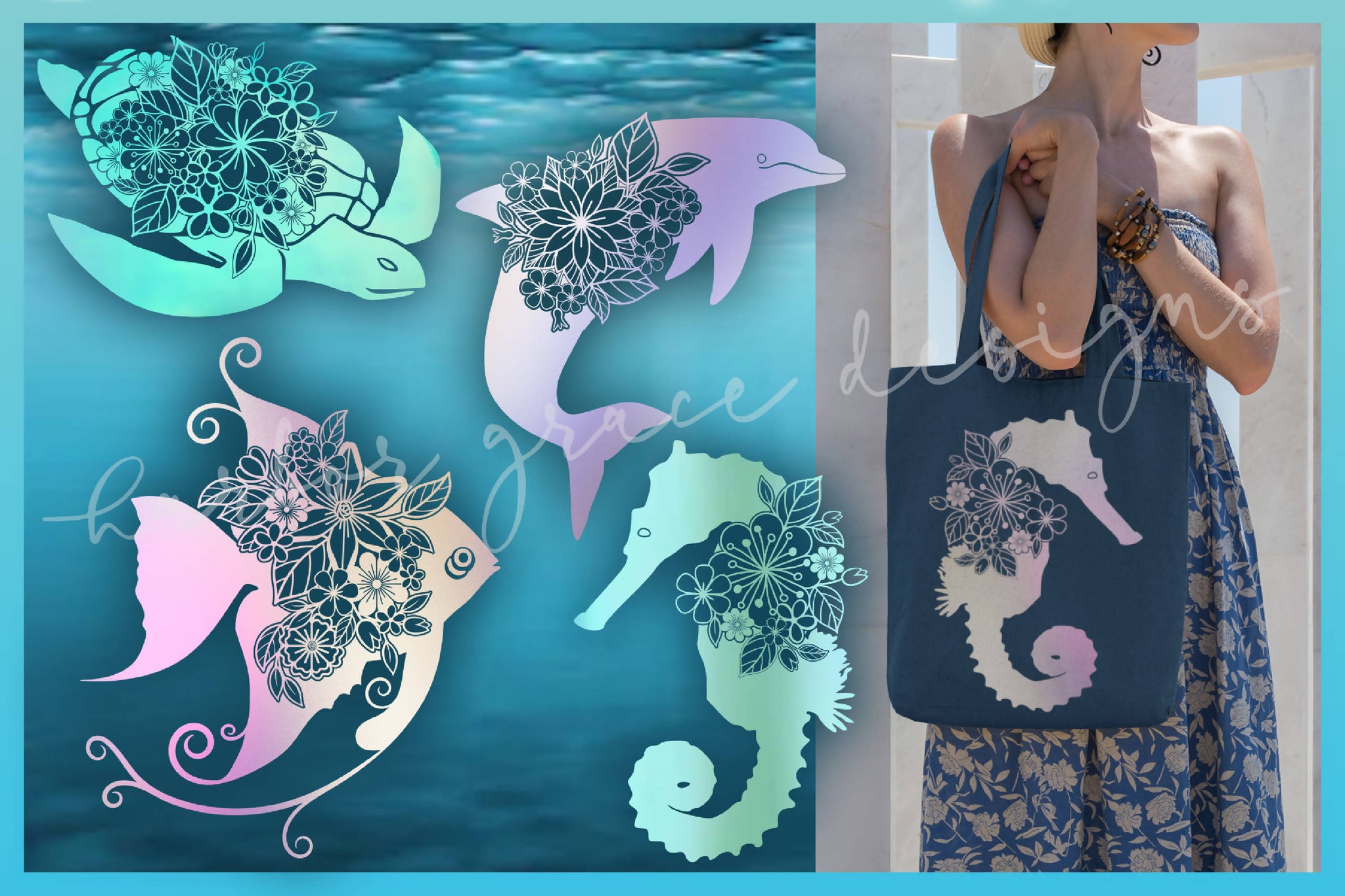 Download Sea Turtle Dolphin Angel Fish Seahorse Floral Mandala Bundle Svg Svg Font Market