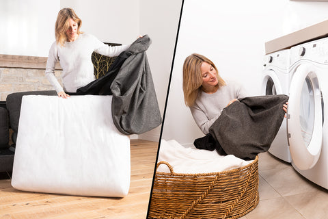 A lady cleaning a couch cushion