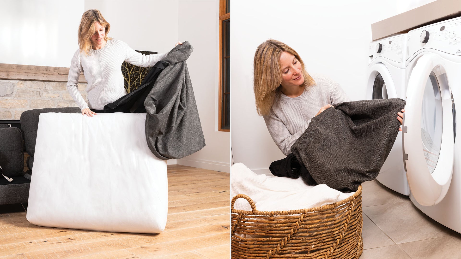 A lady removing her sectional seat cover to wash.