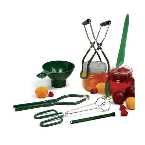 Assortment of Essential Canning Tools including Jars, lids, and Funnels