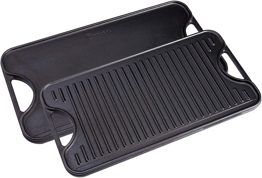 Victoria Gdl-185 Comal Griddle Seasoned 10 inch 2 Side Handles Seasoned Cast Iron Black