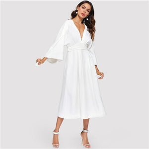 COLROVIE Plunging Kimono Sleeve Tassel Tie Fall Dress  New Long White Dress V Neck Girls Dress Casual Women Dress