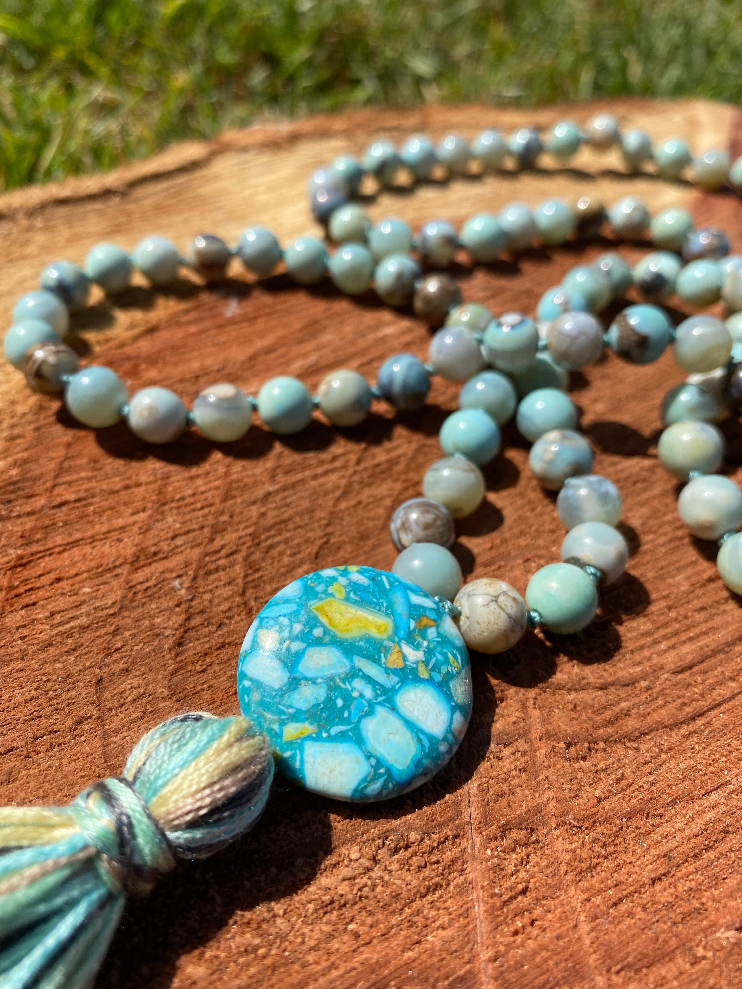 Aqua Fire Agate hand-knotted Mala 