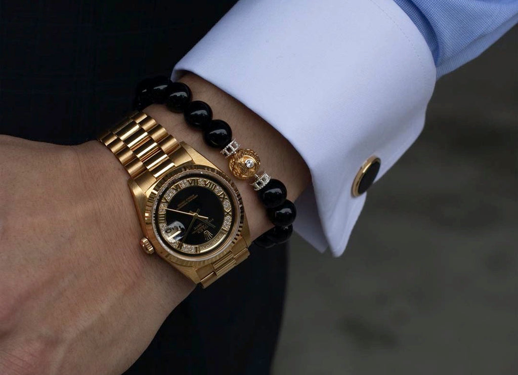 obsidian bracelet, beaded bracelet, bracelet with watch, luxury watch, watch with bracelets, gold watch