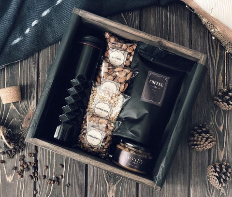 christmas gift box for male friend with coffee nuts honey and black elegant water bottle the perfect christmas present for your friend