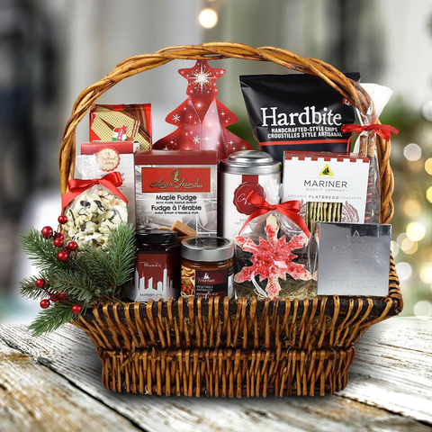 christmas basket with delicious snacks as an option for the perfect christmas present for friends
