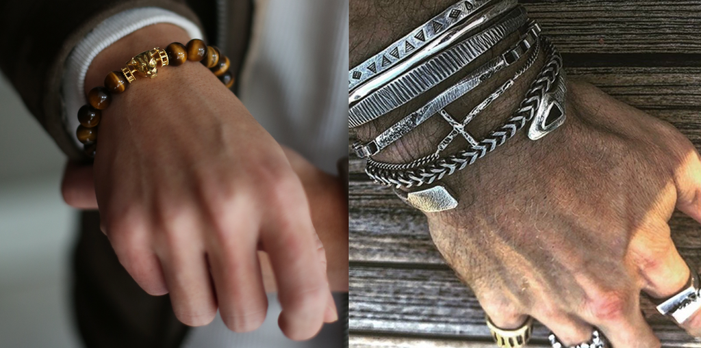 comparison picture of multiple accessories and one bracelet. enlarged mens bracelet pictures in different styles. mens bracelets including mens beaded bracelets and mens silver bracelets.