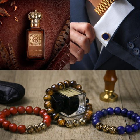 alt1: collage picture of new year gifts for men like personalized cufflinks for men made from Rhodium 24 Gold and Rose Gold plated with a high metallic luster three different color of gold mens beaded bracelets and Clive Christian C Woody Leather Perfume