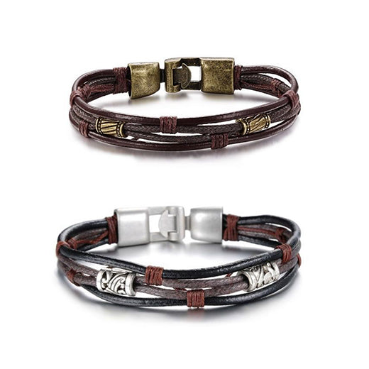 leather couple bracelets, matching couple bracelets with antique metal, leather bracelets ideas for couples, silver and gold couple relationship bracelets, bracelets of couple style in leather and metal