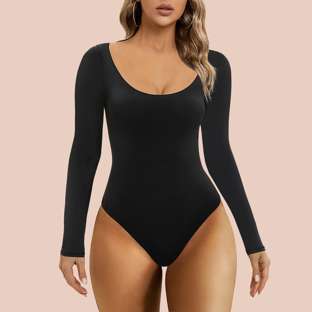 Scoop Neck Long Sleeve Bodysuit - Sculpting Faux Leather - Black