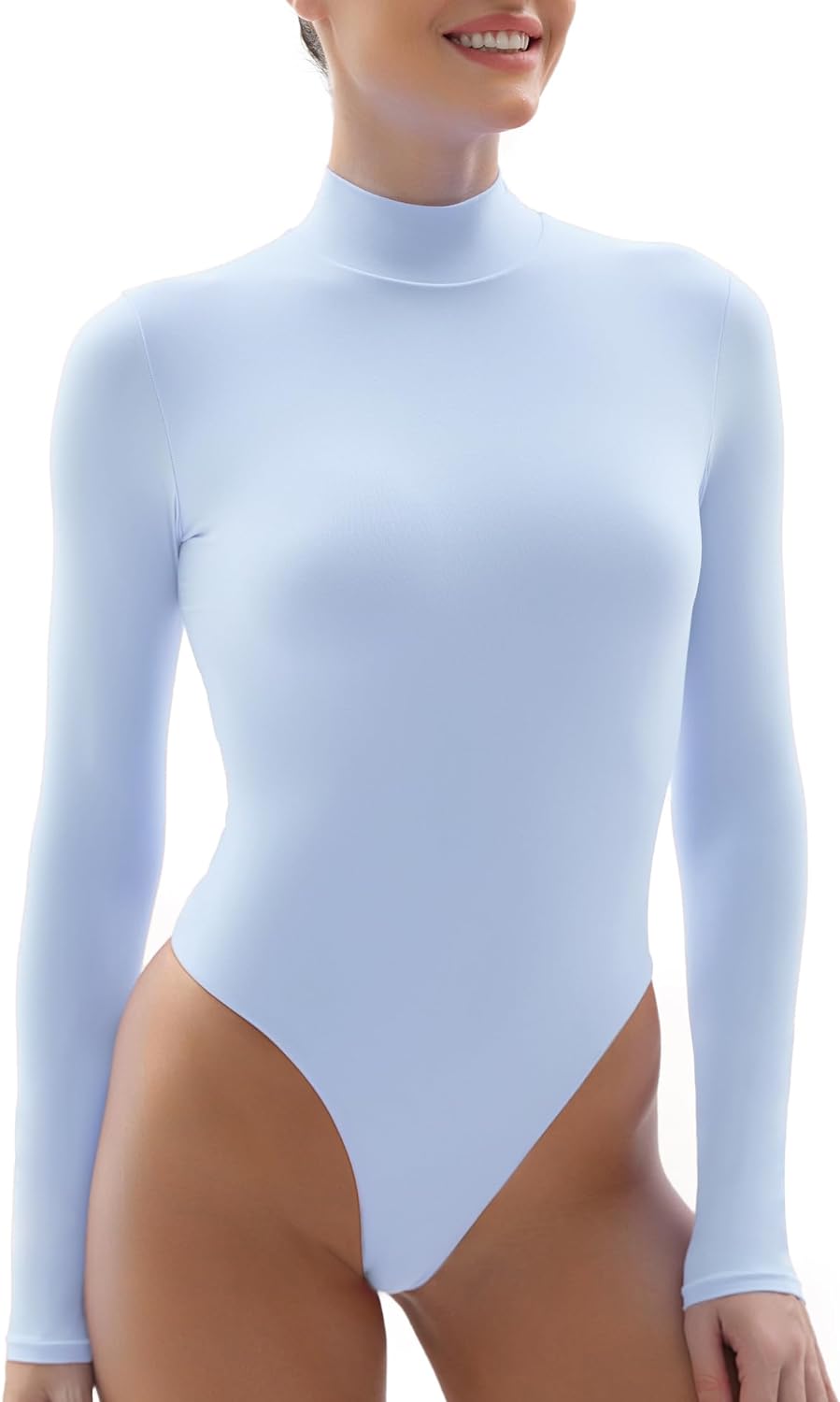 Penkiiy Women's V Neck Long Sleeve Tops Bodysuit Double Lined Shirt Tops  Blue Shapewear Tummy Control