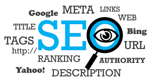 A white page with essential SEO elements written in blue and black color