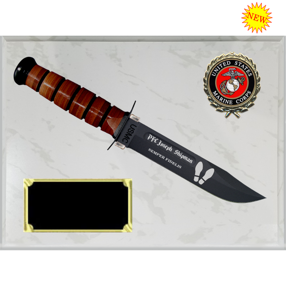 MC30 - MARINE CORPS WHITE MARBLE FINISH PLAQUE (KA-BAR not included)