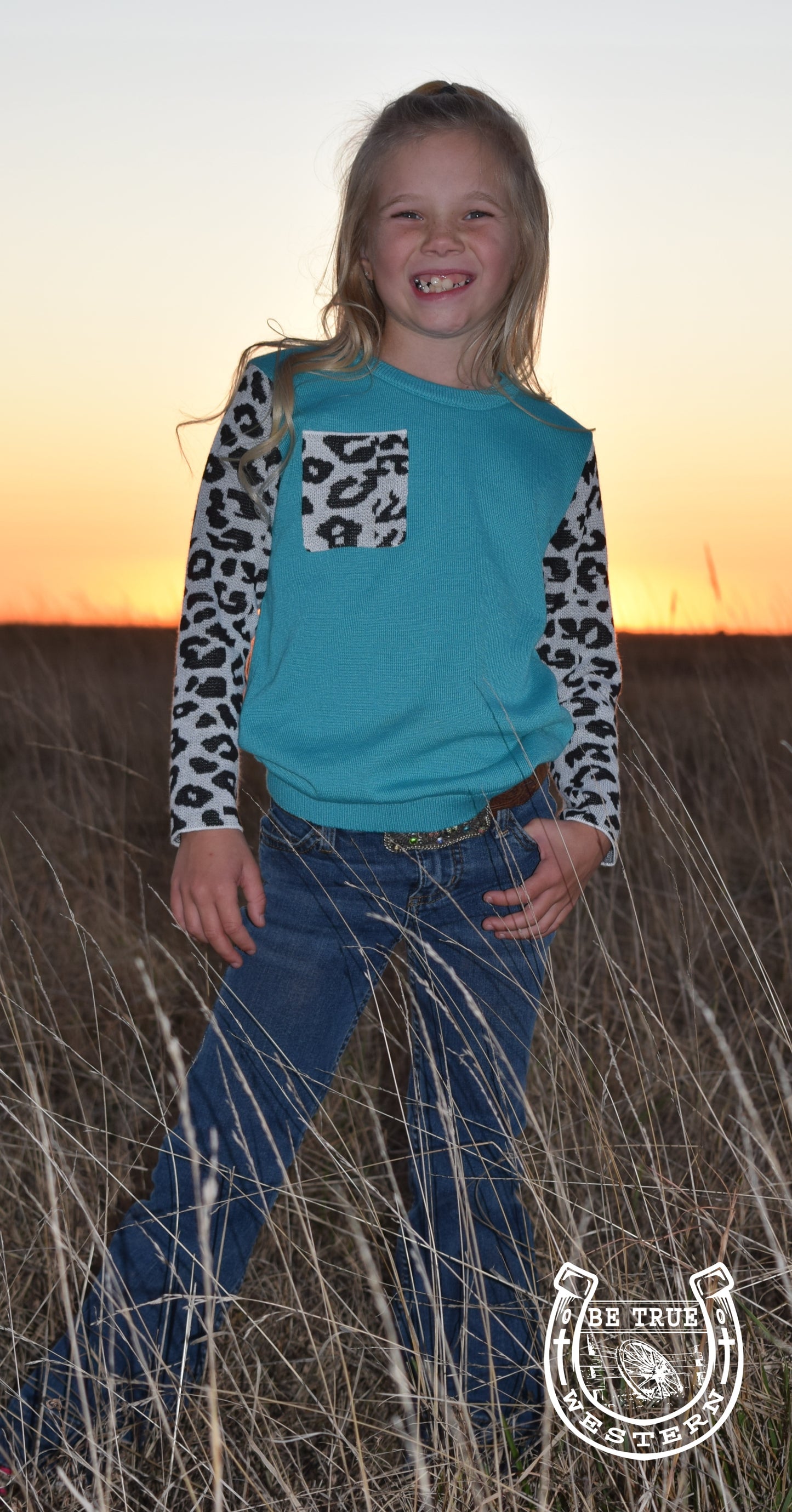 Crazy Train Kids Frankly My Dear Turquoise and Leopard Knit Sweater