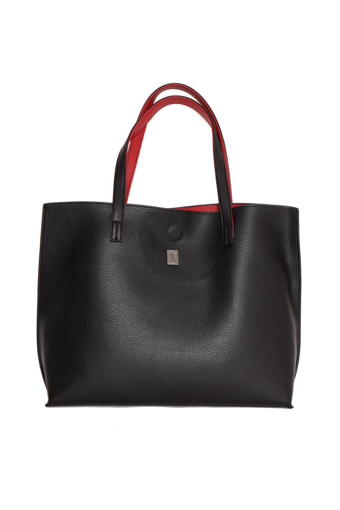 black tote with red lining