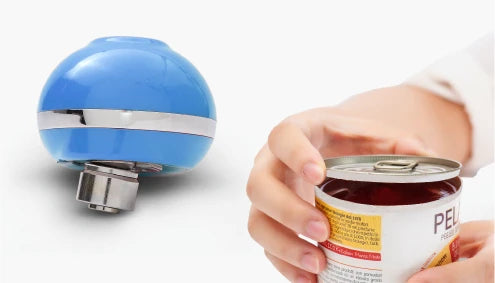 A blue, spherical kitchen gadget next to a hand opening a can with a labeled pull-tab.