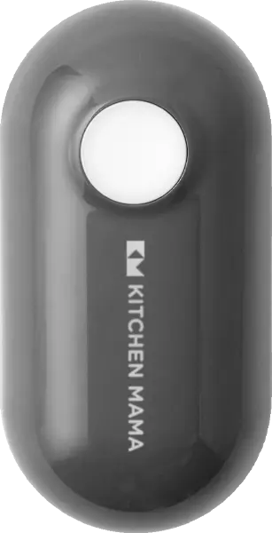 A black Kitchen Mama automatic can opener with a circular button on the front, designed for easy food can opening.
