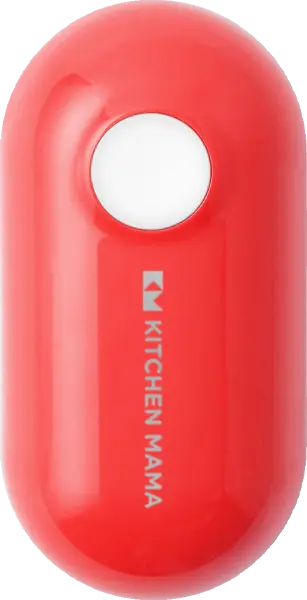 A red Kitchen Mama automatic can opener with a circular button on the front, designed for easy food can opening.