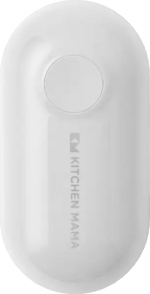 A grey Kitchen Mama automatic can opener with a circular button on the front, designed for easy food can opening.