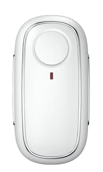 A sleek white device with a circular button and minimalistic design, featuring a thin border and a small black indicator light.