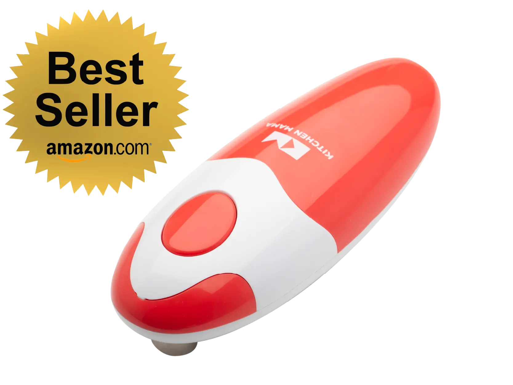 Red and white handheld device labeled as a 'Best Seller' from Amazon, featuring a prominent button on its surface.