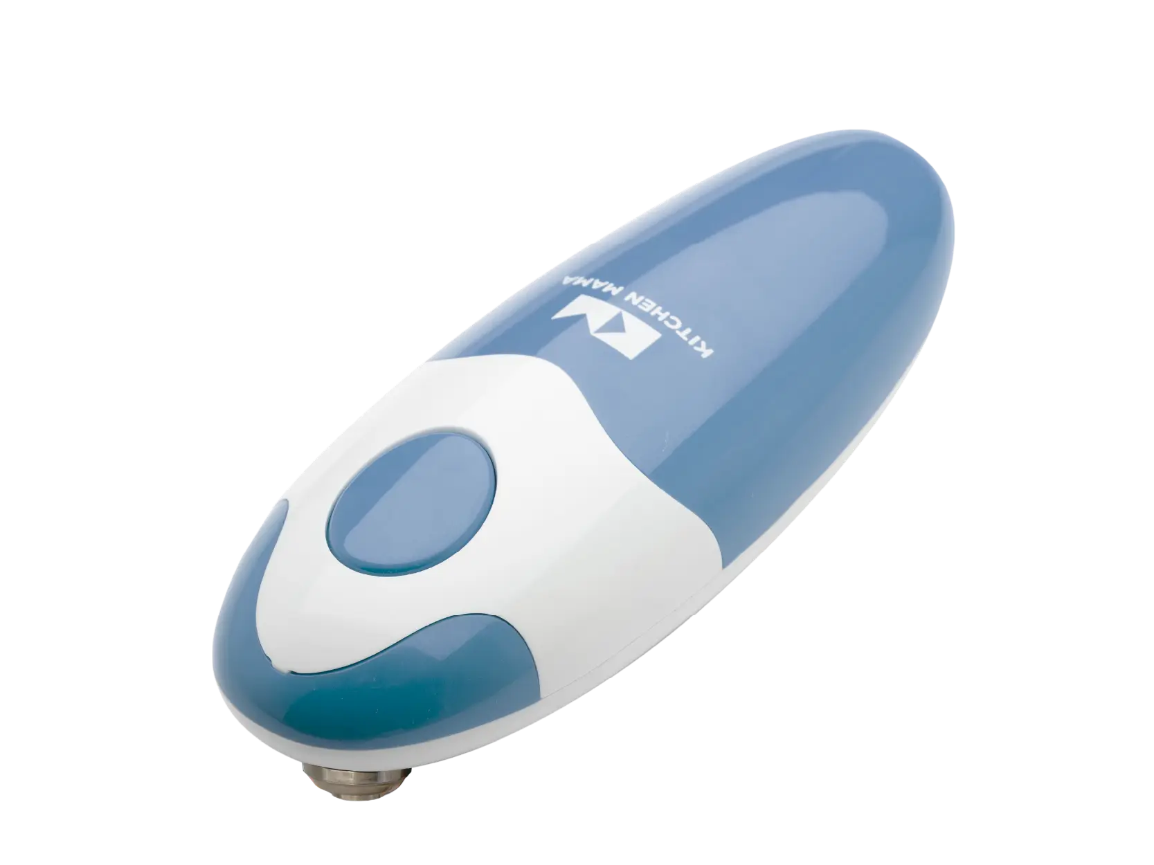 A compact blue and white handheld device with a circular button, designed for personal grooming or hair removal.