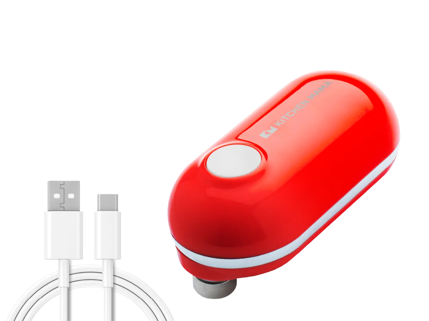 A bright red portable gadget with a button, accompanied by a USB-C charging cable, ideal for on-the-go charging.