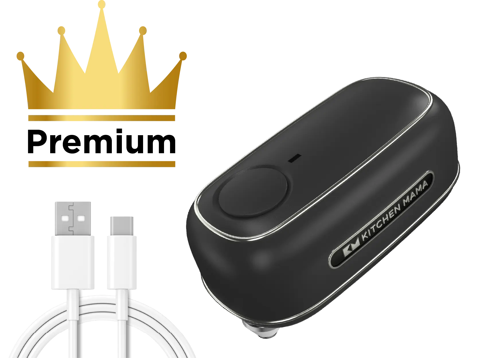 A sleek black kitchen gadget with a power button, accompanied by a USB charging cable. Ideal for modern culinary tasks.