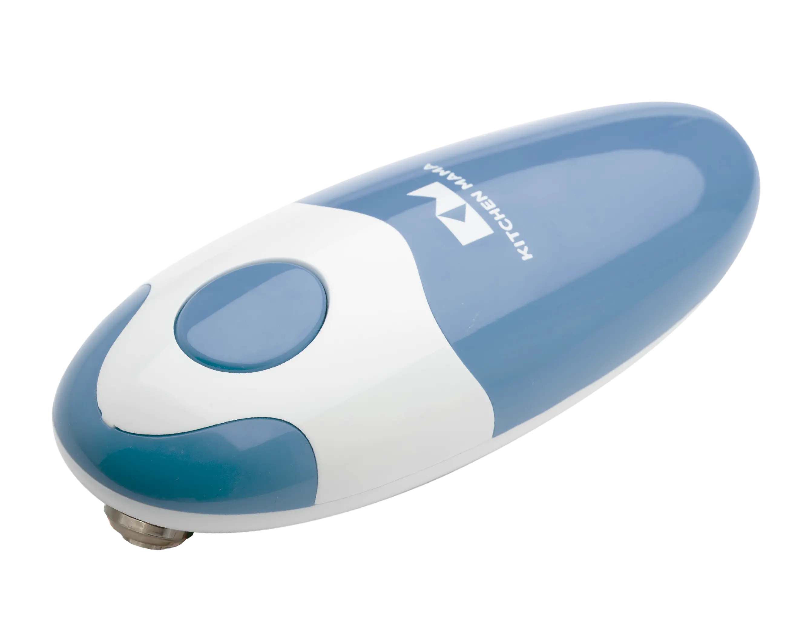 A compact blue and white handheld device with a circular button, designed for personal grooming or hair removal.