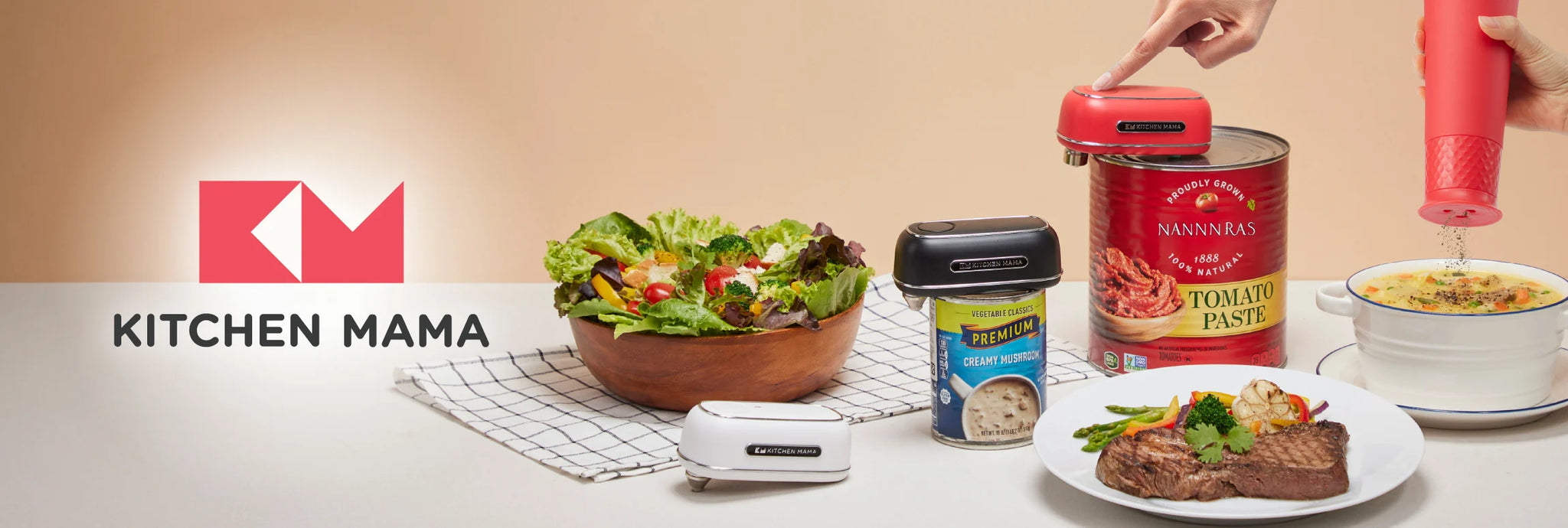 Banner Kitchen Mama representing multiples dishes made with the help of the electric can opener Orbit One to open cans