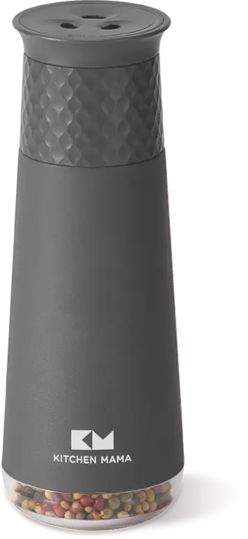 Black Kitchen Mama spice grinder with a textured top and transparent base showcasing colorful pepper corns inside.